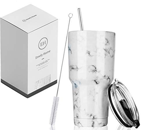 Emely Home Reisebecher Thermobecher Autobecher Kaffeebecher to go Tumbler Travel Mug Marmor Trinkbecher mit Edelstahl-Strohhalm Isolierbecher doppelwandig & vakuumisoliert, 480ml