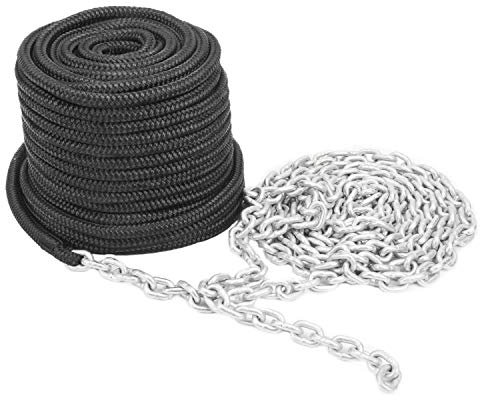 NovelBee 3/8 Inch x 100 Feet Double Braid Nylon Rope with 1/4 Inch x 15 Feet Galvanized Chain for Boat Anchor Rope and Dock Line (Black)