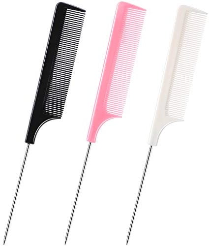 JANYUN 3 Pcs Rat Tail Combs Salon Hairdressing Comb with Stainless Steel Handle, Fine Tooth Combs for Women, Barber