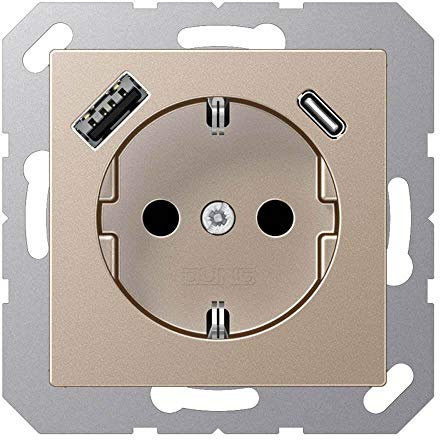Jung A1520-15CACH SCHUKO-Steckdose mit USB Typ AC (max. 3A) mit erhöhtem Berührungsschutz (Thermoplast bruchsicher) Champagner Serie A