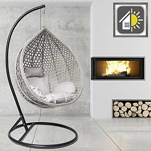 GOODS EMPORIUM Luxury Rattan Hanging Egg Chair Outdoor & Indoor Garden Swing Chair Hammock with Cushions - RAIN COVER INCLUDED (Large, Black - Grey - Grey)