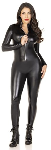 Leg Avenue Womens Wet Look Zipper Front Catsuit Sexy Halloween Costume, Black, 1X-2X