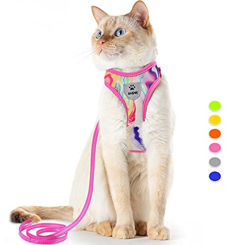 Supet Katzengeschirr und Leine, stilvoll, ausbruchsicher, Katzengeschirr, verstellbar, atmungsaktiv, Haustiergeschirr mit reflektierendem Rand, Step-In-Katzenleine und Geschirr für Katzen, Welpen,