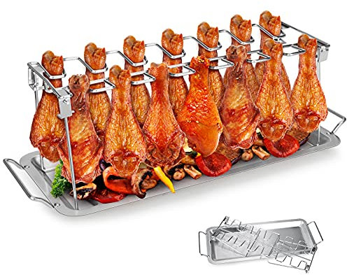 Tigerkinwit Soporte para Muslos de Pollo,Parrilla para Alas de Pollo Parrilla para Alitas de Acero Inoxidable con Bandeja 14 Ranuras Apoyo de Pollo Accesorio de Barbacoa y Horno