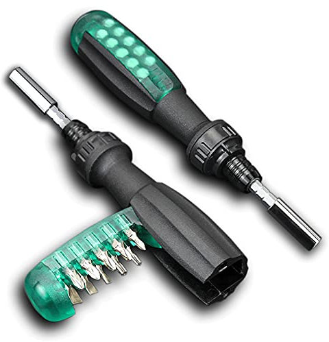 Deselen Tournevis à cliquet avec embout magnétique, 10 en 1, petite poche, vert, 1 pièce