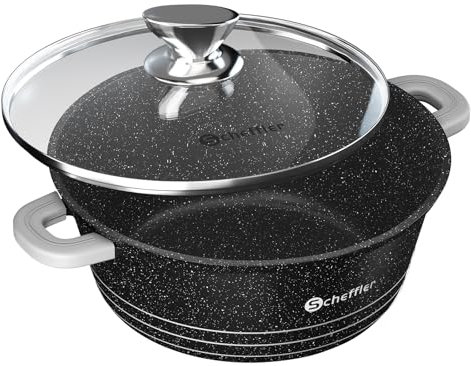 Scheffler Cooking Pot 32 cm 10 L with Glass Lid, Casserole Pot with Non-Stick Coating, Induction Stewing Pan, Cast Aluminium, Dishwasher Safe, Suitable for All Cookers Black (32 cm)
