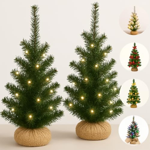 2x 60cm Artificial Mini Christmas Trees with Lights - 2ft Indoor Battery Operated LED Green Xmas Tree - Jute Bag 60cm 2 Pack Trees (60cm Snowy)