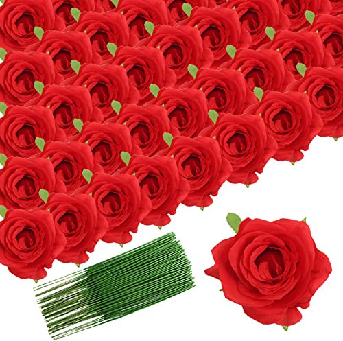 FagusHome 30 Stück Seiden-Rosenköpfe künstliche Blumen Köpfe und Stiele künstliche Rosen Blumen für Zuhause Hochzeit Dekor (rot)