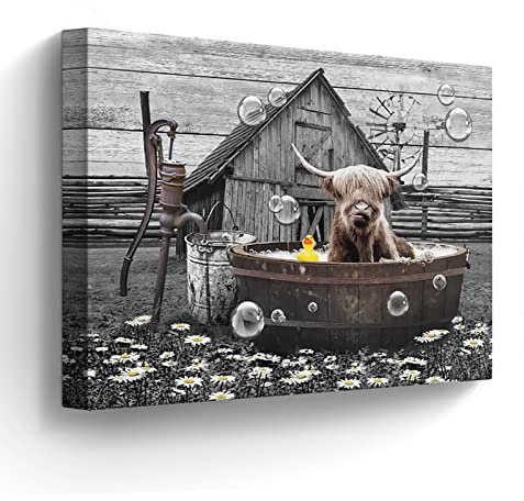 Bauernhaus-Badezimmer-Dekor, Wandkunst, lustige Highland-Kuh in Badewanne, Bilder, Wanddekoration, rustikales Badezimmer, Kuh, Gemälde für Badezimmer, Toilette, Rinder, Kunstwerk, gerahmt, 40,6 x 61