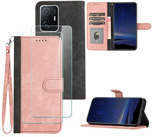 Hoyoikun Coque pour Xiaomi 11T/11T Pro[2 pcs Protecteur d'écran],Etui en Cuir PU Portefeuille Coque avec Fente Carte,Fonction de Support,Fermeture Magnétique-Rose