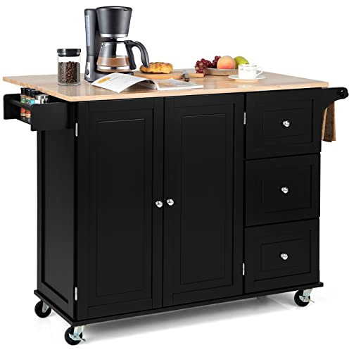 GOPLUS Desserte à roulettes Cuisine, Plateau Pliable en Bois Caoutchouc, Placard avec 3 Étagères Réglables et 3 Tiroirs, Support à Épices, Porte-Serviettes, 136 x 76 x 91 CM, Noir