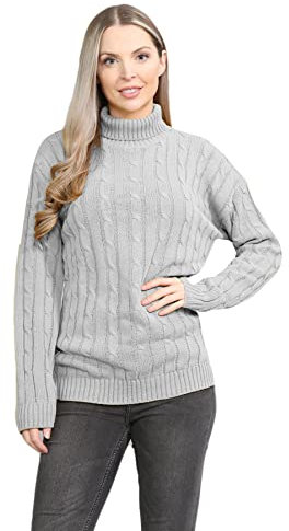 janisramone® Polo High Neck Jumpers for Women UK, Cable Knitted Long Sleeve Ladies Jumpers, Casual Pullover Winter Turtle Neck Tops for Women Size 8-65 Grey
