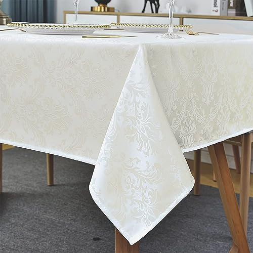 SASTYBALE Rechteckige Tischdecke – 140 x 140 cm, Beige, Creme, Damask, Jacquard, Design Spill Proof Wrinkle, strapazierfähig, weich, Polyester, länglich, für Küchenpartys (Ivory)
