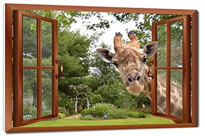 JINQIN 3D-Effekt Fenster öffnen. Tier Wandbild Bild: Grüne Baum Giraffe. Leinwandbilder. Dekoration Gemälde für Büro und Wohnzimmer 70x105cm gewickelte Leinwand