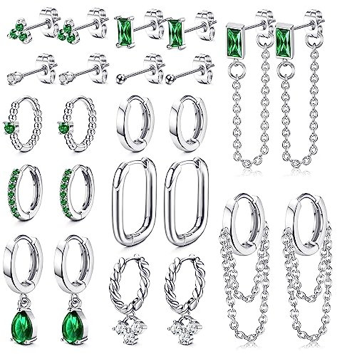 LOLIAS 12 Paar Grüne Ohrringe Edelstahl Damen Hypoallergene Ohrringe Set Silber Kette Creolen Kleine Zirkon Ohrstecker Smaragd Medizinische Ohrstecker Chirurgenstahl