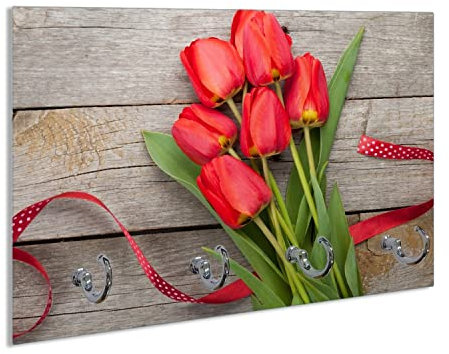 Wallario Handtuchhaken für Bad & Küche aus Glas 30 x 20 cm, Wand Handtuchhalter mit 4 Haken, Motiv: Rote Tulpen auf einem Alten Holztisch