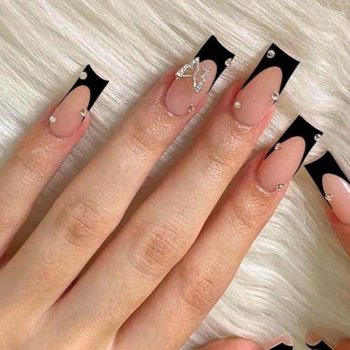 Kotkiddy® 24Pcs Long Press on Nails Black French Tips Fake Nails Butterfly Rhinestone Full Cover Stick on Nails Coffin False Nails With Glossy