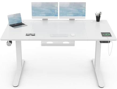 Devoko Höhenverstellbar Schreibtisch 160x80cm mit USB Ladeanschluss, 3 Memory-Steuerung and Anti-Kollisions Technologie, Elektrisch Computertisch Stehpult Tisch mit Rollen(Weiß)
