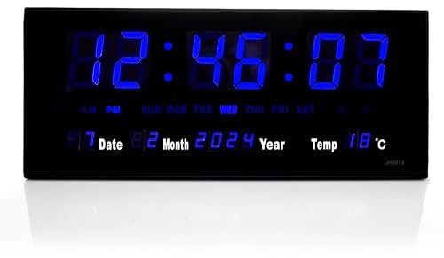 TruWare Just Camp Wanduhr Digital Groß LED Uhr mit Kalender Temperaturanzeige Studiouhr für Gewerbe Cafes Kiosk Digitaluhr XL (Blau)