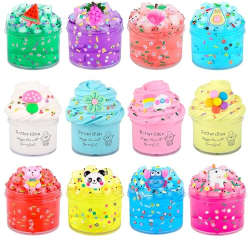 12 Pack Slime Kit - 8 Clear & 4 Fluffy Butter, Easter Peach Jelly Cube Crunchy Crystal for Birthday Party Favor, Soft Non-Sticky Sensory Toys for Girls and Boys, 6-12