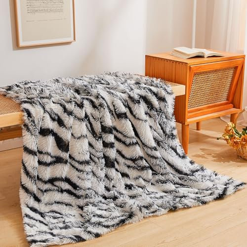 XeGe Luxus Kunstfell-Decke, Weiche 127x152 cm Zebramuster Flauschige Decke, Schilfartiger Plüsch Deko-Decke für Landhaussofa, Süße Flauschige Decke für Sofa Bett, Zebramuster Schwarz