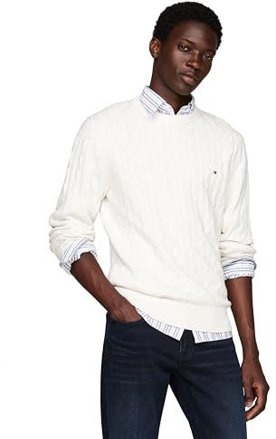 Tommy Hilfiger Men's Cable Knit Crewneck Sweater Lightweight Pullover, Ivory, XS