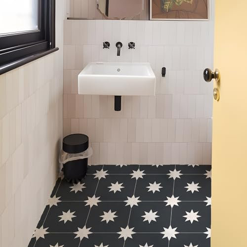 Alwayspon Tile Sticker, 25PcsX20cm/8inch Black White Floral Self Adhesive Stick on Tiles Transfer Sticker for Bathroom Kitchen, Splashback, Peel and Stick Vinyl Floor Wall Tiles Sticker
