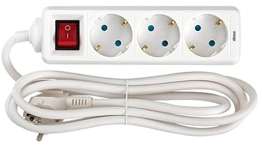 SIMON - Base Múltiple, Regleta de Enchufe Plano, 3 Tomas de 16A, Ladrón de Enchufes con Toma de Tierra e Interruptor ON/Off, Cable de 2 Metros, Color Blanco
