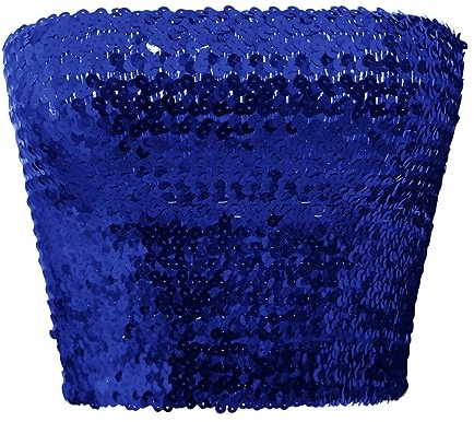 JIAHG Damen Glitzer Pailletten Crop Top Ärmellos Bandeau Top Sexy Trägerlos Tube Top Schulterfreies Bustier Bauchtanz Crop Top für Bauchtanz, Boho, Festival, Club, Kostüm (Blau)