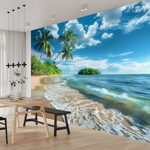 Générique Art Papier Peint Intissé 3D Vue Sur La Mer, Palmiers 350x256 cm Muraux Tapisserie Photo Décoration Murale, Papier Peint Salon Chambre Bureau Couloir Peinture Murale Décor