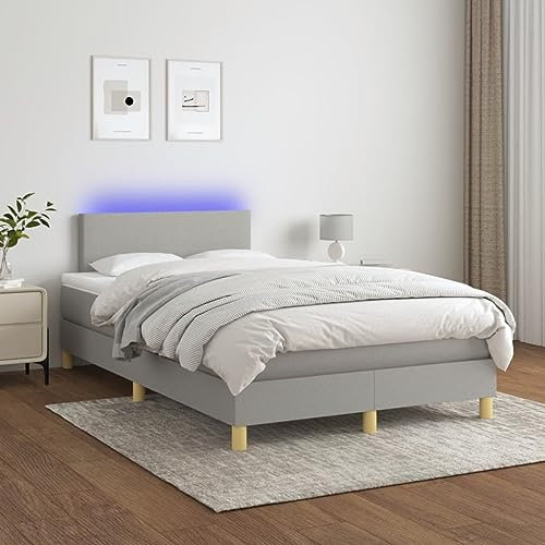 Willood Boxspringbett mit Matratze mit LED Bettgestell Bett Einzelbett Polsterbett Hotelbett Bettrahmen Lattenrost Schlafzimmerbett Hellgrau 120x200cm Stoff Schlichtes Design