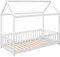 HOMCOM Montessori-Kinderhausbett, 90x190 cm Hausförmiges Kinderbett mit 15 Stäben, Kiefernholzrahmen und Schutzgitter für Kinderzimmer, weiß
