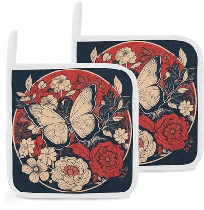 Lot de 2 maniques avec poche pour cuisine résistantes à la chaleur pour comptoirs, fleurs artistiques avec maniques blanches pour four, 20,3 cm