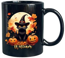 Personalised Halloween Black Cat Mug for Cat Lovers, Halloween Coffee Cups with Name, Personalised Halloween Mug, Pumpkin Mug, Custom Ceramic Mug, Black Cat Gifts, Halloween Gifts for Women Men