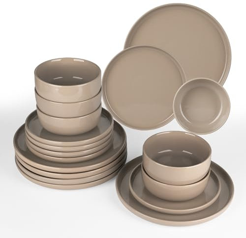 Richmount Milkyway Geschirrset,18-teiliges teller set,Sprenkel Steingut Geschirr Set für 6 mit Speiseteller, Dessertteller, Müslischalen, Mikrowellen & Spülmaschinenfest, Zimtbraun