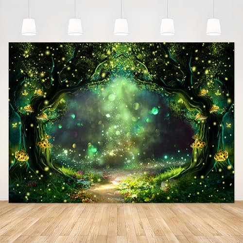 APROPHIC Wald Banner Fotohintergrund, Märchenland Wald Firefly Foto Hintergrund, Grüne Pilze Fotostudio Hintergrund, Babyparty Geburtstag Porträt Fotowand Deko 210x150cm