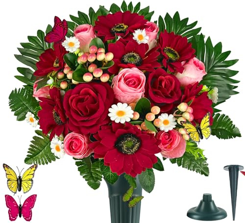 MUVIC Künstliche Friedhofsblumen, Gedenkblumen, Grabblumen, Trauerblume mit Vase, rote Rose, Gerbera, Gänseblümchen, Beere