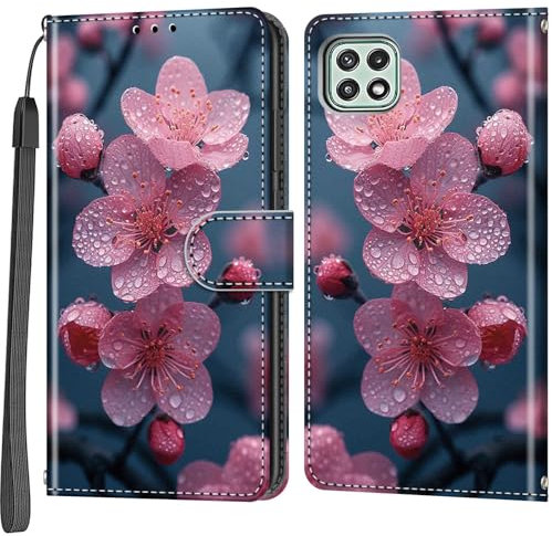 Haninsuze Handyhülle für Samsung Galaxy A22 5G Hülle, Magnetische Stoßfeste Flip Leder Schutzhülle Klapphülle, Pfirsichblüte