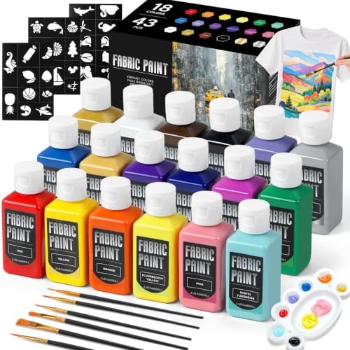 TMOL Waschmaschinenfest Textilfarben Set – 18 Farben in Flaschen (je 60 ml/2 oz), ungiftige & wasserfeste Stoffmalfarben mit Pinseln & Schablonen, Textilfarbe für Kleidung & DIY & Kunst