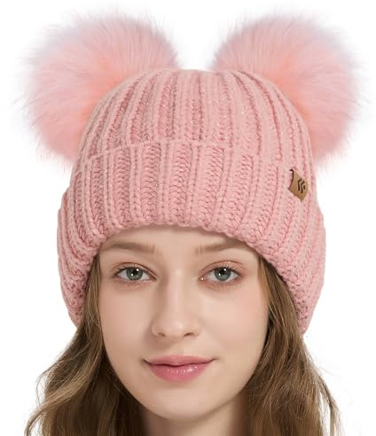 Creekstone Bommelmütze Damen Mädchen, Beanie Wintermütze mit Kunstfell-Doppel-Pom, warme Strickmütze Mit Fleece gefütterte (DE/NL/SE/PL, Alphanumerisch, Einheitsgröße, Rosa Metall)