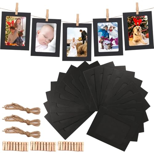 Cerioll Aufhängen Fotorahmen Aus Pappe, 30 Stücke DIY Karton Bilderrahmen, 11,5x 15,5cm, Mit 30 Stücke Clips Und 3 Stücke Hanf Seile Set, Für Hängende Wanddekoration Zimmer Deko (Schwarz)