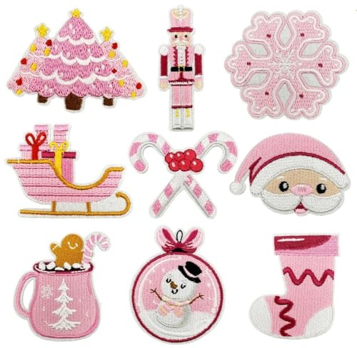 CYWQ 9 Pcs Pink Christmas Iron on Patches Snowmen Xmas Elements Sew on Emblem Applique Sewing Patch Small Repair Craft Gifts DIY for Party Jackets Hats Jeans Clothing