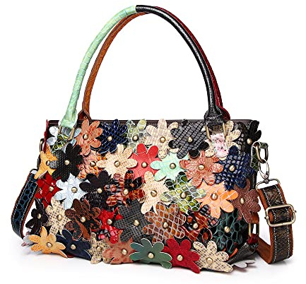 DokinReich Patchwork von Luxe Naturleder Bunte Damen Handtaschen Leder Damen Taschen Umhängetasche Henkeltaschen Freizeittasche Schultertasche,M