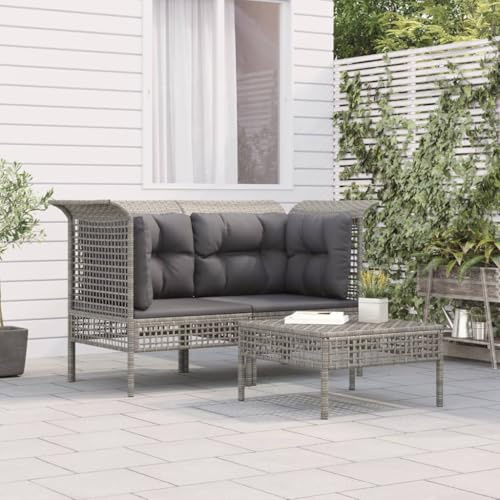 QJBSAVVA 3-TLG. Garten-Lounge-Set 65x65x75 cm Grau Poly-Rattan Ecksofa mit Kissen modular für kleinen Balkon Terrasse und Wintergarten
