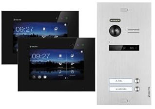 Balter EVO Video Türsprechanlage, Touchscreen, 3X 7 Zoll Monitor, Türstation für 2 Familienhaus Türklingel mit Kamera 150° Weitwinkel Smartphone App 2-Draht Bus, Silber/Schwarz