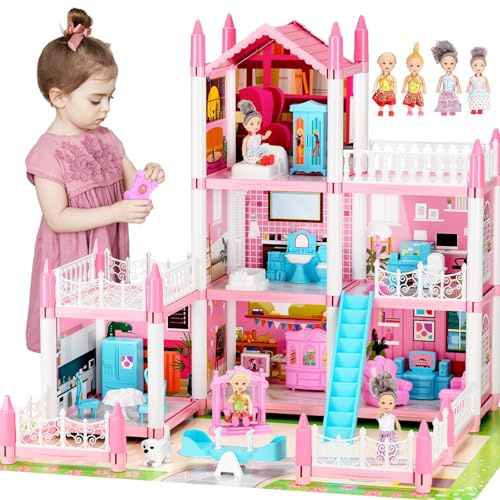 Maisonde Puppe für Mädchen von 3 4 5 6 7 8 Jahren – Puppenhaus mit 3 Etagen und 6 Teilen mit 4 Puppen, leichtes Zubehör, Möbel, Puppenhaus für Kinder