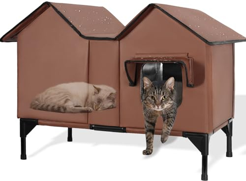 Extra Large Outdoor Cat House, Waterproof Insulated Cat Shelter, Pet House with Elevated Base and Cushion, Feral Cat Kennel for Multiple Cats and Small Dogs (Brown)