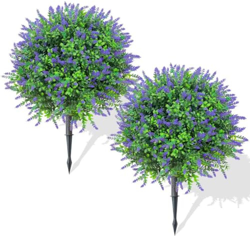 Olrla Künstliche Lavendel-Kugel mit Erdspieß 65cm 2er Set | UV-beständig, winterfest, Kunstpflanze, für Garten, Balkon, Terrasse, Innen & Außen