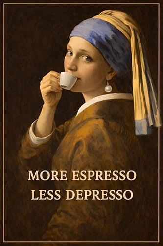 WBdesignz Poster „More Espresso, Less Depresso“ - Parodie „Mädchen mit dem Perlenohrring - Ironischer Kaffee-Spruch für Küche, Esszimmer oder Büro - Wanddeko für Kaffeeliebhaber (DIN A4 ohne Rahmen)