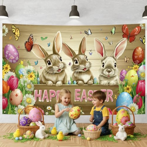 Ostern Banner, Osterdeko, Osterhase Banner Osterdekoration, Frohe Ostern Hase Ostereier Poster Hintergrund, Osterjagd Spiel Dekoration Drinnen Draußen Osterparty Frühlingsdeko, 180x115 cm (R3)